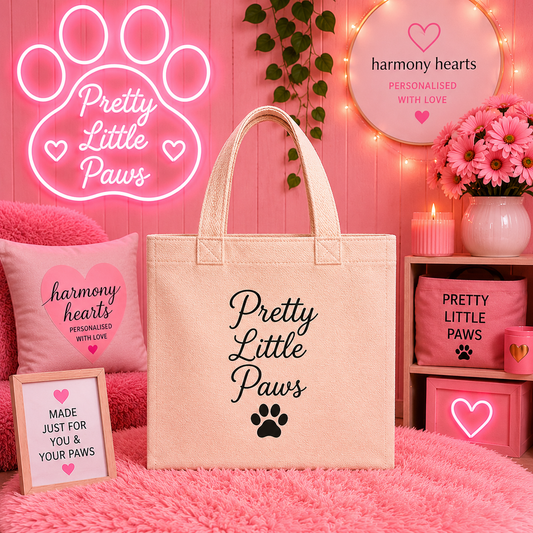 Beige tote bag with 'Pretty Little Paws' text and paw print on a pink background with decorative elements.
