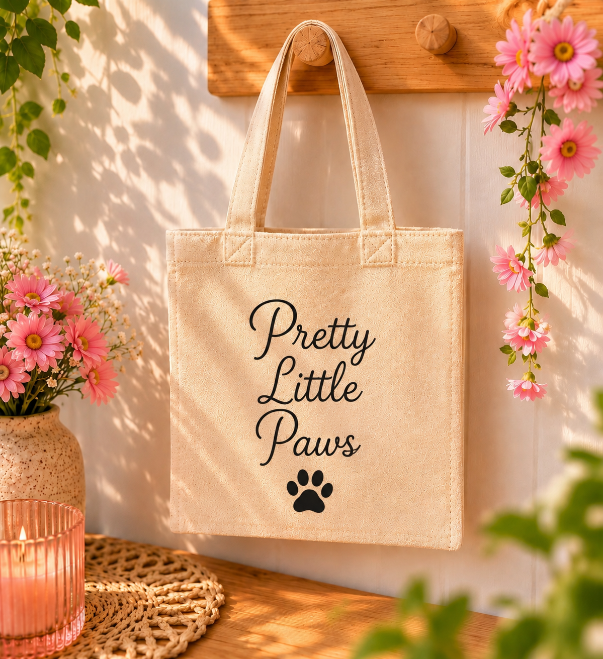 Beige tote bag with 'Pretty Little Paws' text and paw print on a wooden surface with flowers.