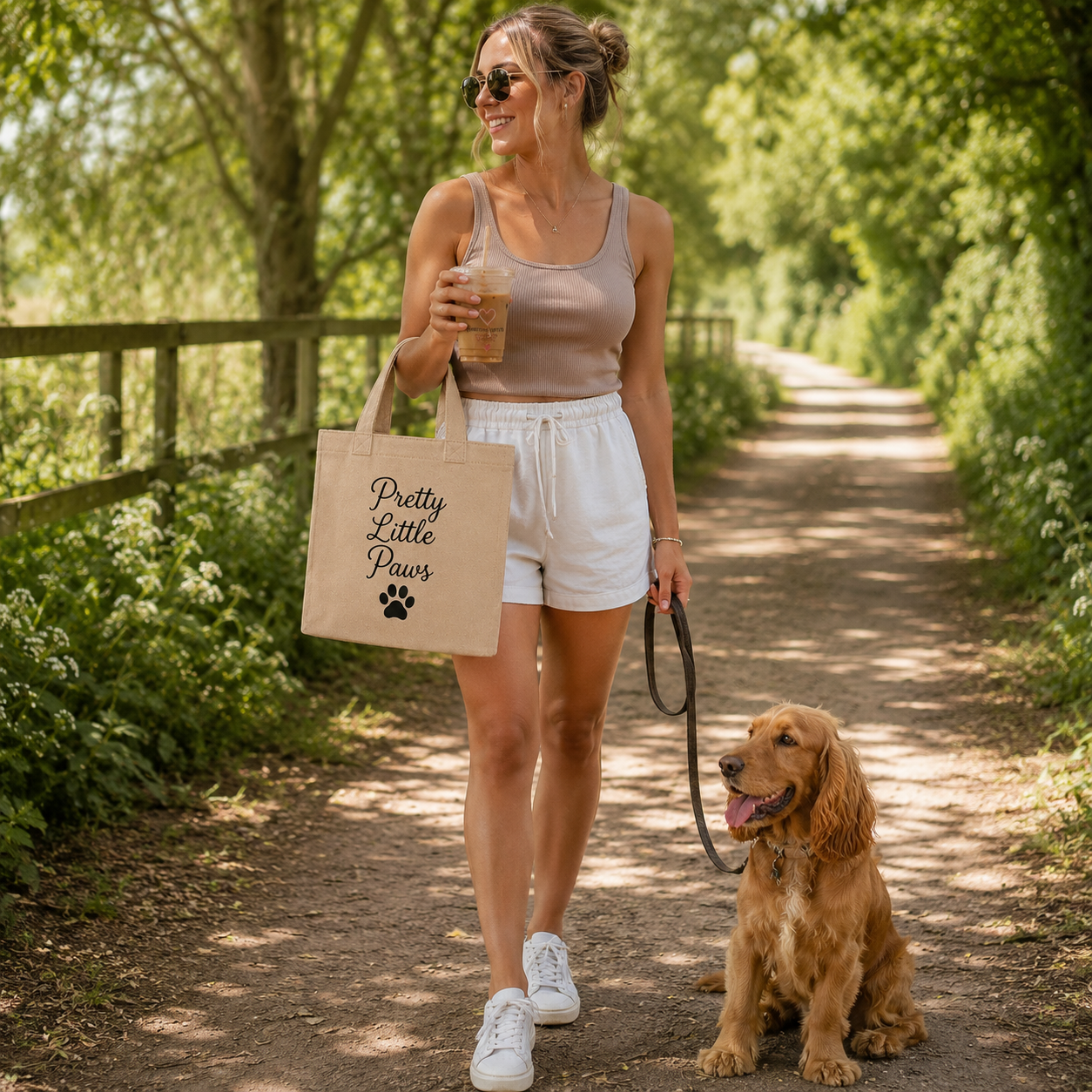Woman walking a dog on a path with a 'Pretty Little Paws' tote bag