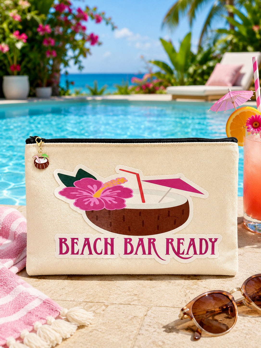 Canvas pouch with a design of a coconut cocktail and the words beach bar ready