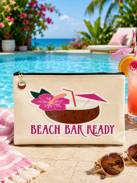 Canvas pouch with a design of a coconut cocktail and the words beach bar ready