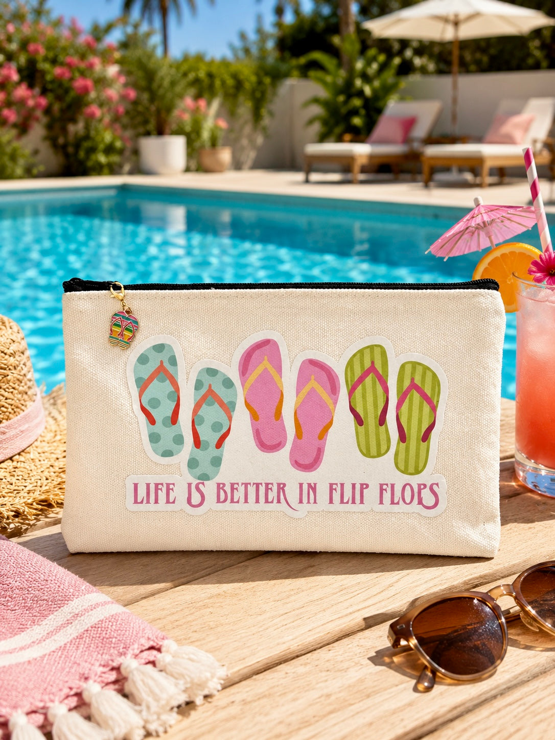 Canvas pouch with an image of flip flops and the words life is better in flip flops