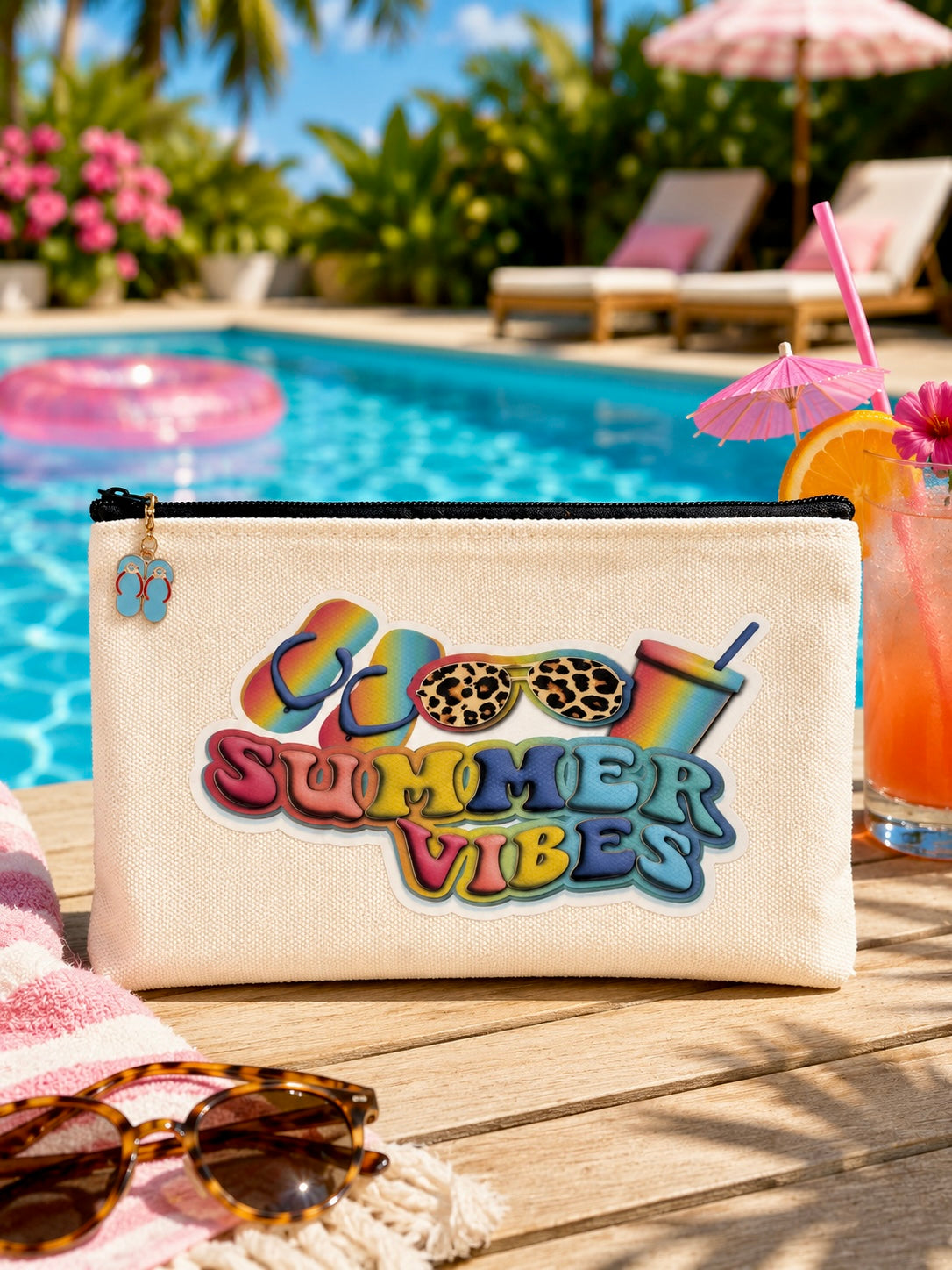 Beige pouch with 'Summer Vibes' text on a poolside setting with sunglasses and a drink.