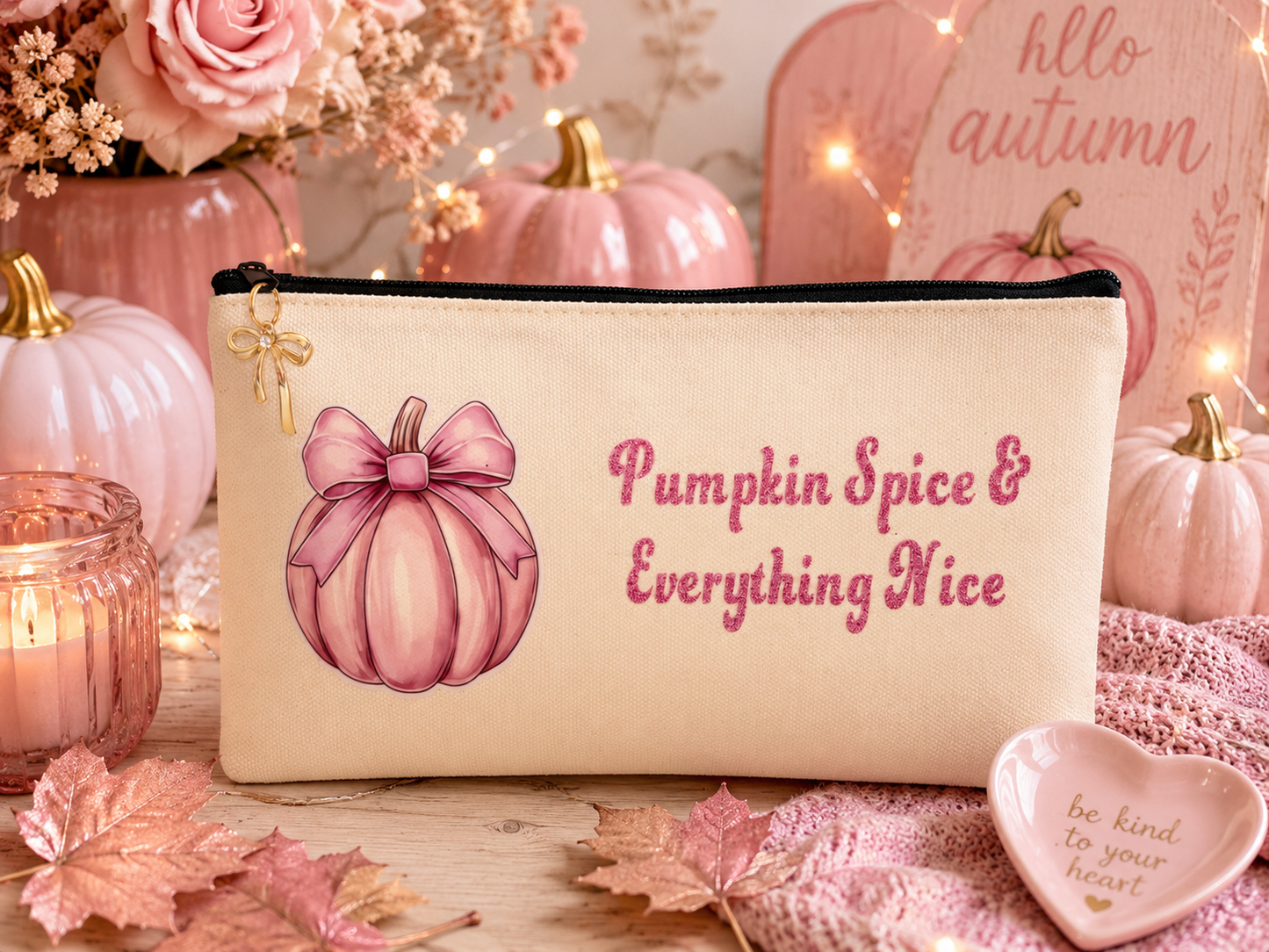 A cream-colored zipper pouch with a pink pumpkin illustration and the text 'Pumpkin Spice & Everything Nice' in pink script, styled with autumn props including pumpkins, leaves, and candles.