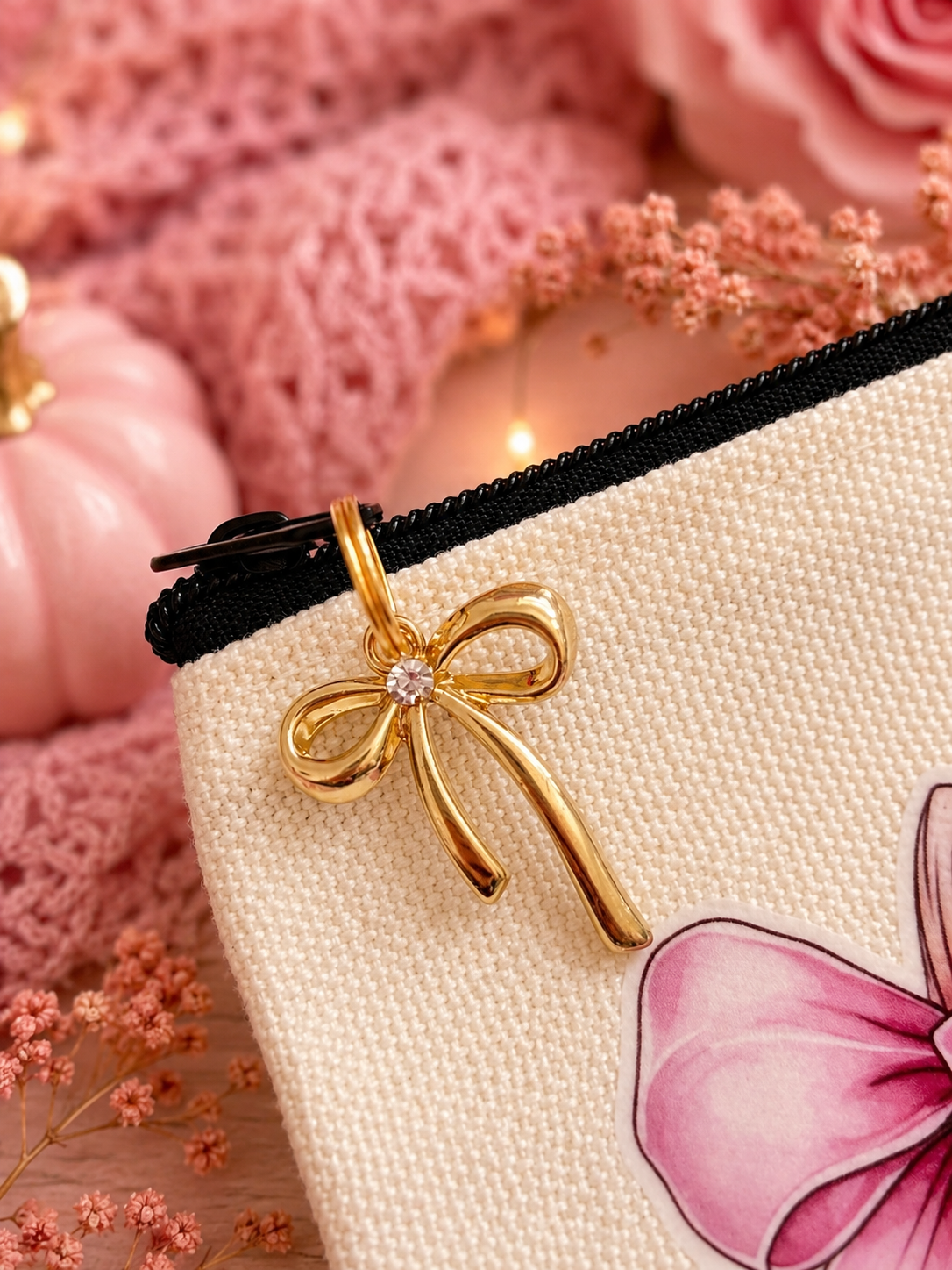 A close-up of a cream canvas zip pouch with a black zipper and a prominent gold bow charm with a small clear rhinestone. The pouch is decorated with a pink bow illustration and styled with pink roses, a pink knit blanket, and fairy lights in the background.