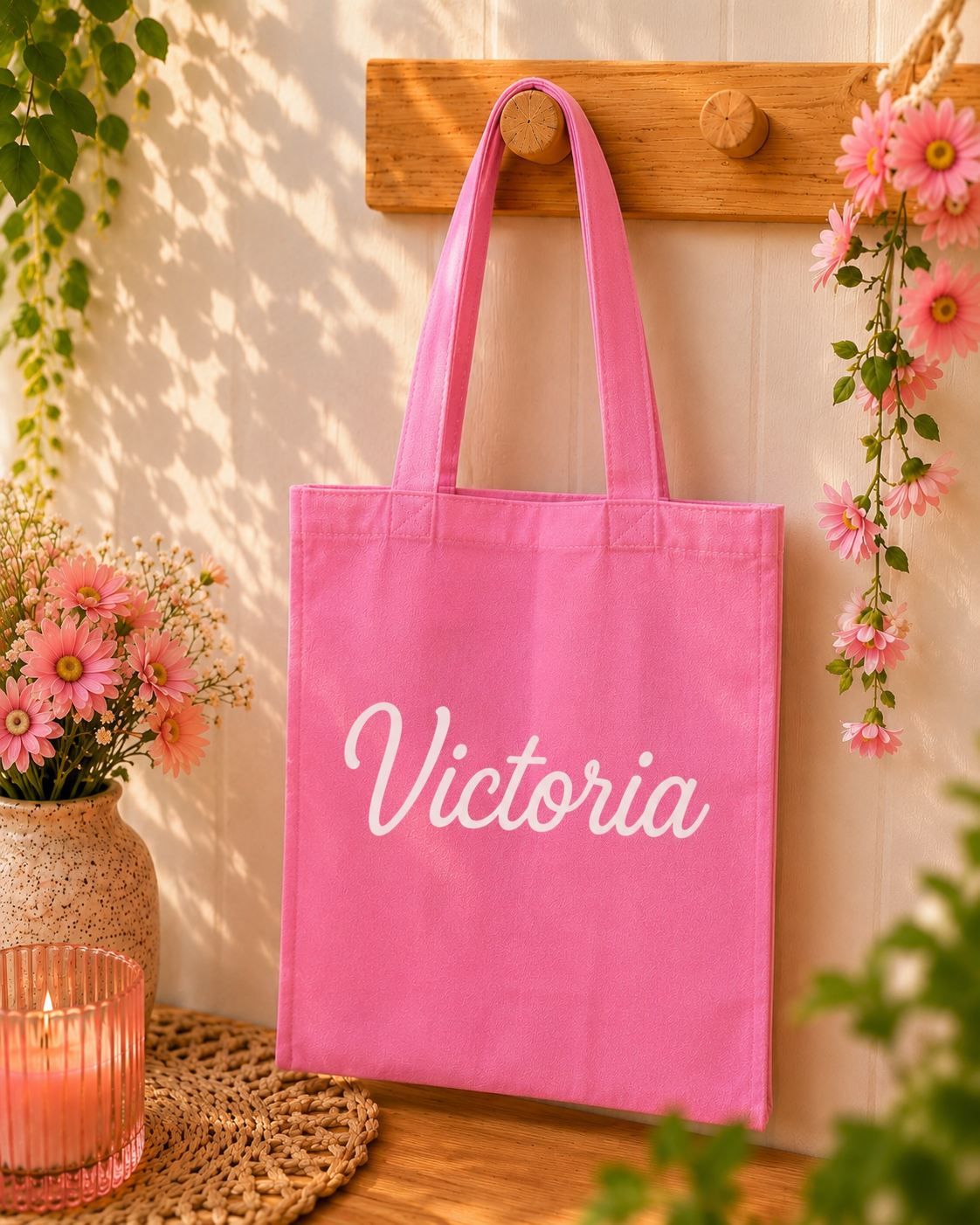 Pink tote bag with 'Victoria' printed on it, hanging on a wooden hook with flowers and a candle in the background.