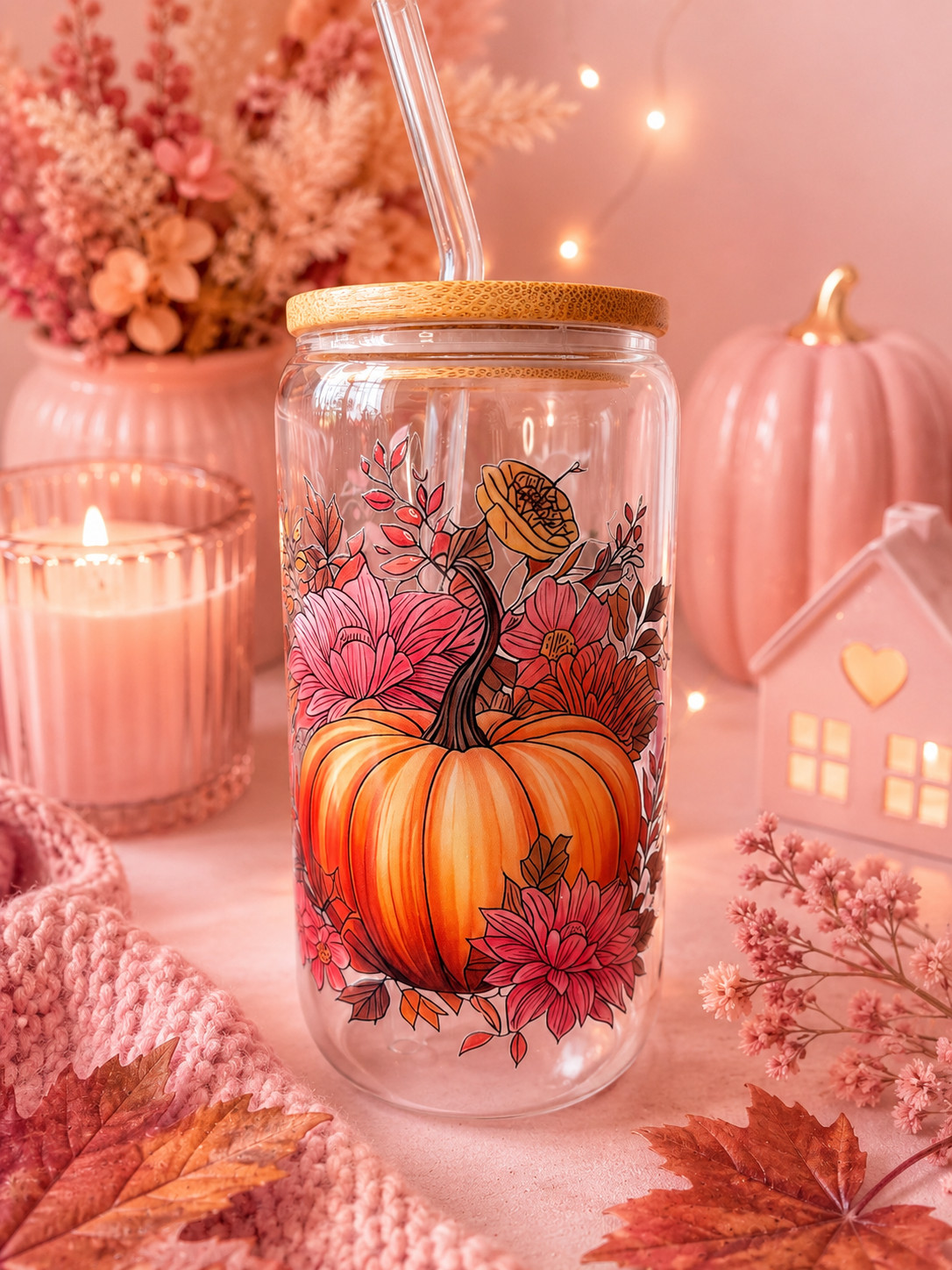 A clear glass tumbler with a bamboo lid and clear straw, decorated with a colorful autumn floral and pumpkin illustration. The tumbler is styled in a cozy, warm fall setting with a pink knit blanket, a lit candle, dried flowers, and a small pink house.