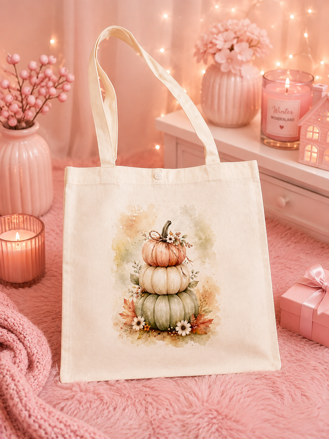 A cream canvas tote bag with a watercolor autumn pumpkin design, displayed on a pink faux fur surface with cozy pink home decor props in the background.