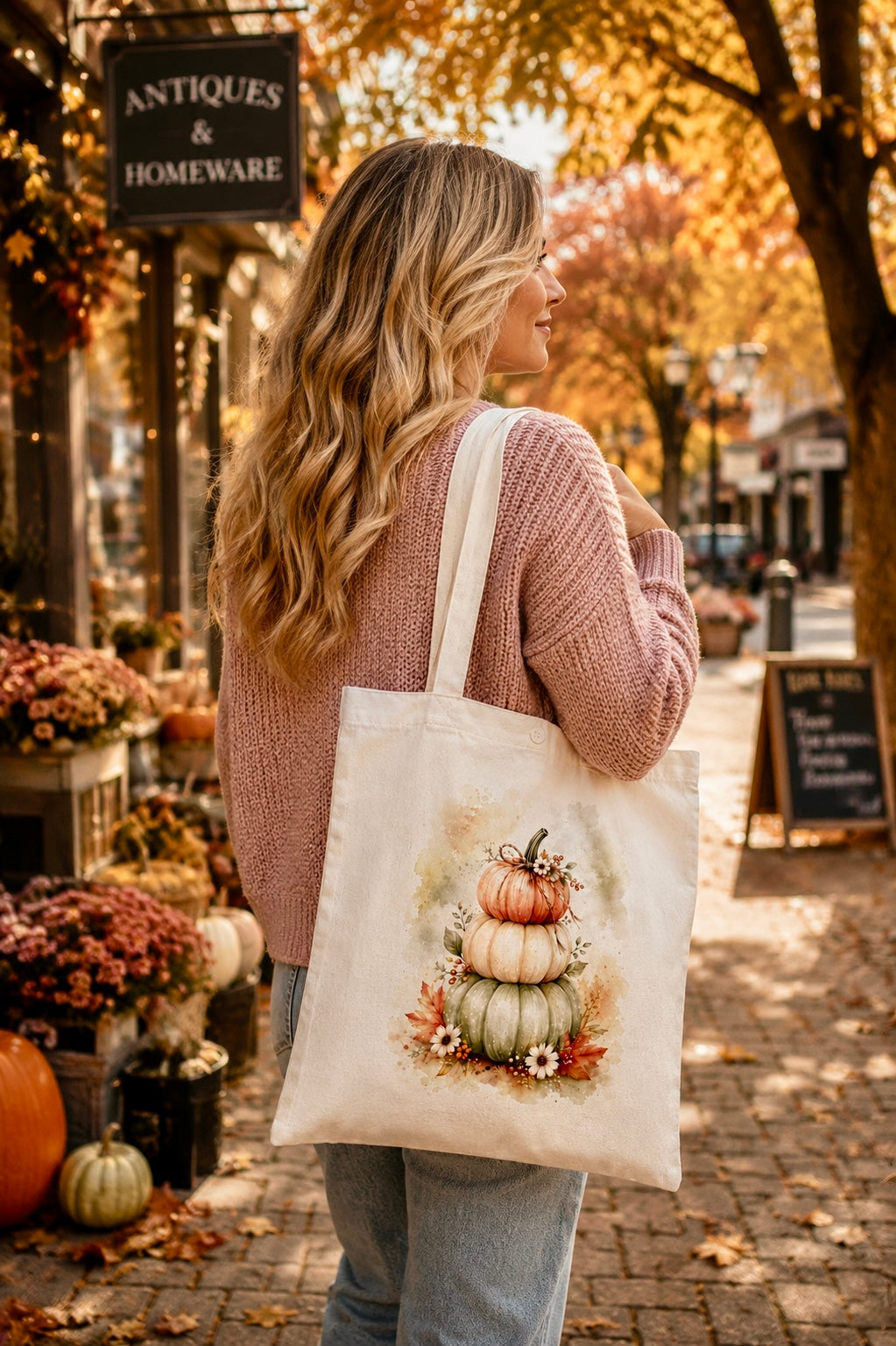 A woman in a pink knit sweater and jeans stands on a cobblestone street in autumn, carrying a cream canvas tote bag with a watercolor illustration of stacked pumpkins and small flowers. A sign for 'Antiques & Homeware' is visible on the left.