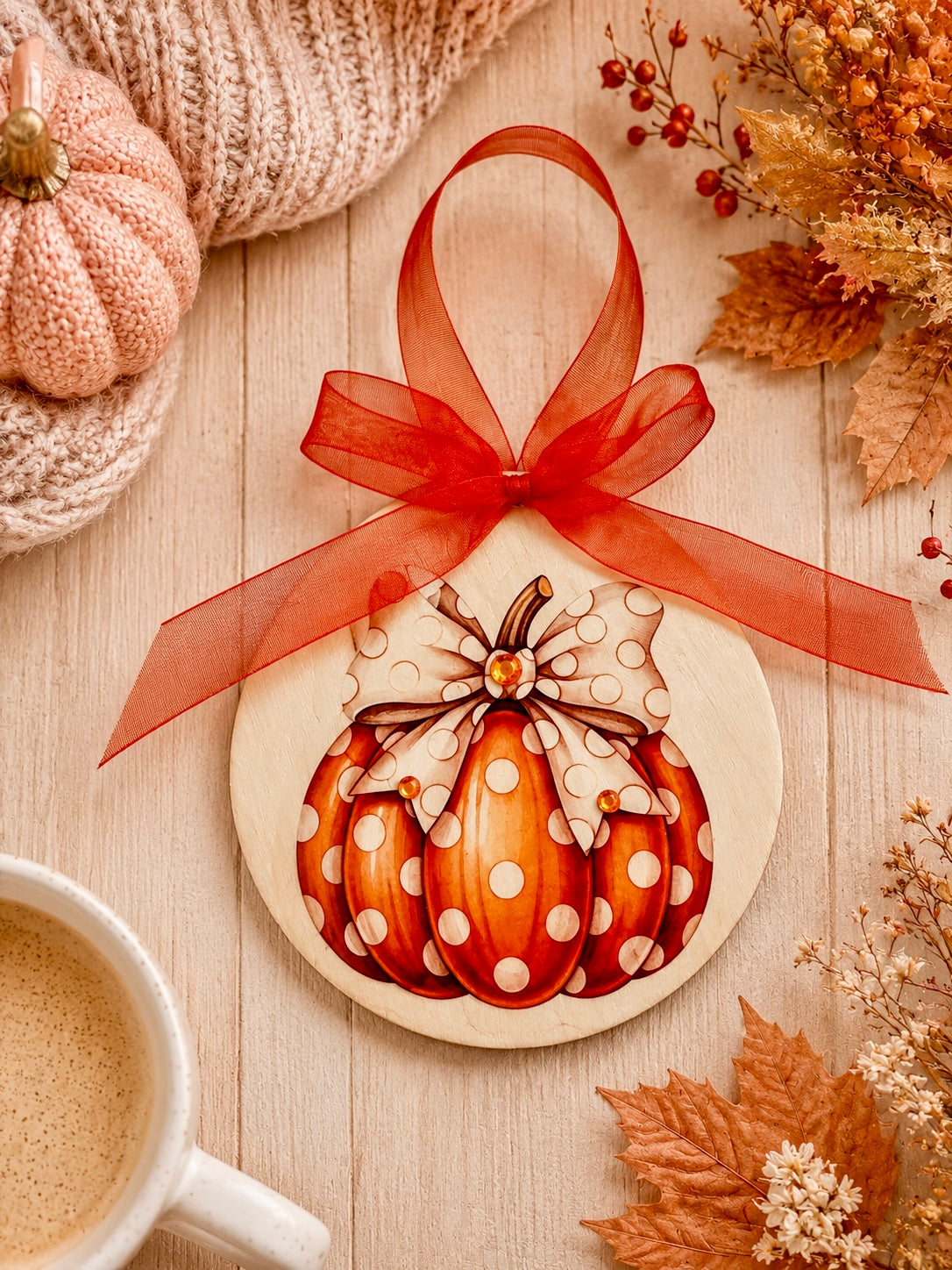 A round wooden autumn ornament featuring a painted orange pumpkin with white polka dots and a bow, hanging from a sheer orange ribbon. The ornament is styled on a light wood surface with fall leaves, dried flowers, a knit pumpkin, and a cup of coffee.