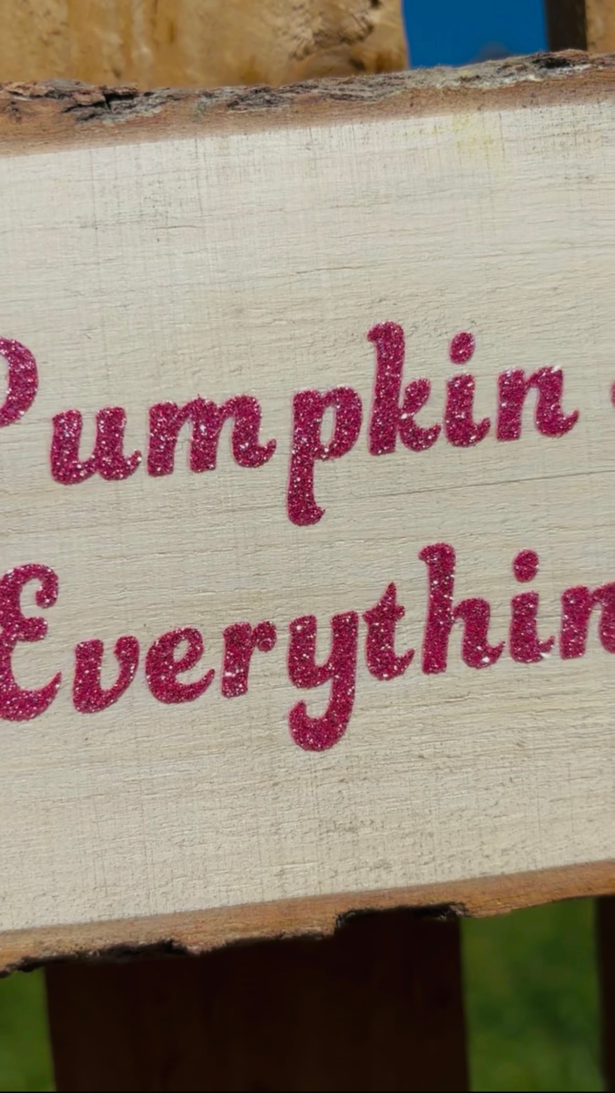 A close-up of a rustic wooden sign with rough bark edges, featuring the phrase 'Pumpkin Everything' in glittery dark pink lettering on a light beige painted wood surface.