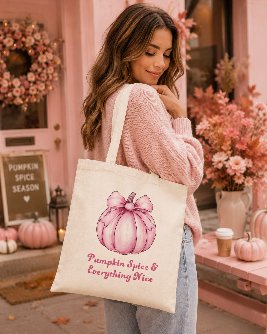A woman in a pink sweater and jeans carries a cream canvas tote bag with a pink watercolor pumpkin illustration and the text 'Pumpkin Spice & Everything Nice' in pink script, set against a cozy pink storefront background.
