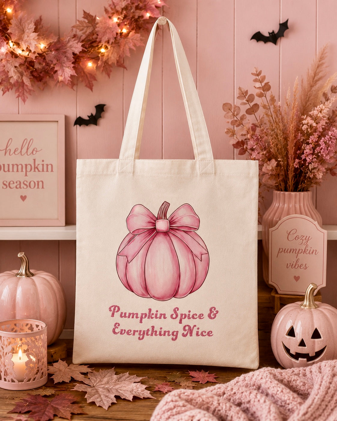A cream canvas tote bag with a pink watercolor pumpkin and the text 'Pumpkin Spice & Everything Nice' displayed in a cozy, decorated autumn scene.