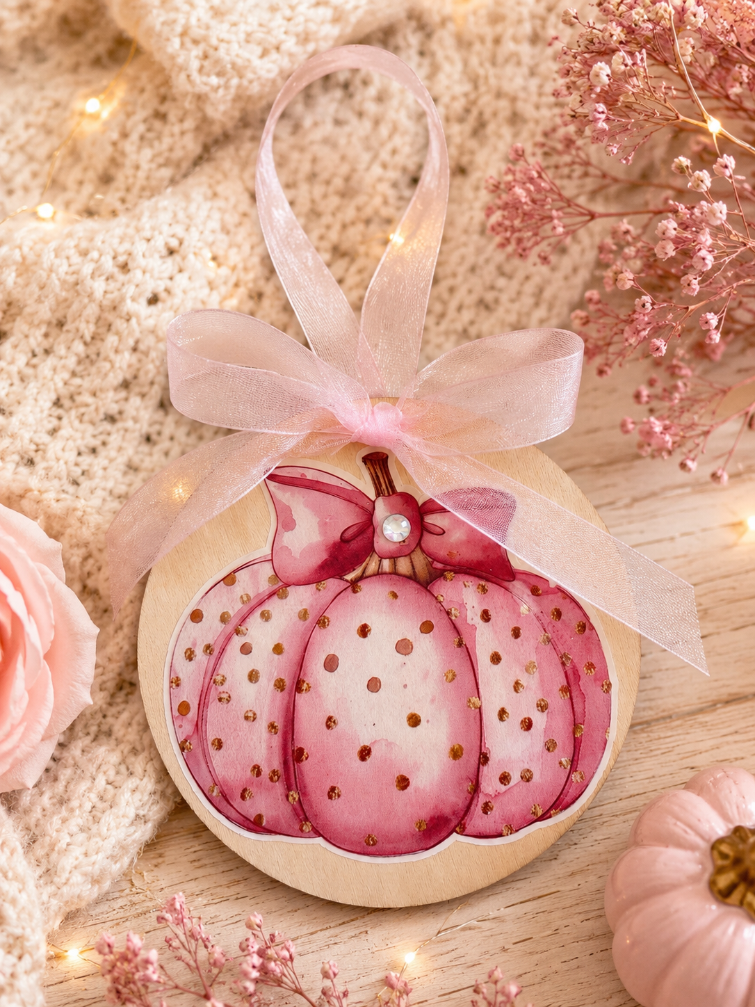 A round wooden autumn ornament shaped like a pink watercolor pumpkin with gold speckles, tied with a sheer blush pink ribbon. The ornament is styled on a light wood surface with a cozy beige knit blanket, pink roses, dried baby's breath, and warm fairy lights.