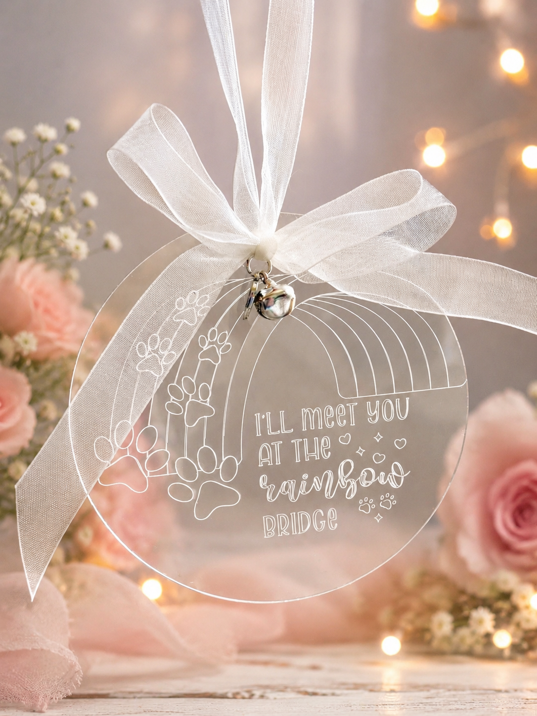 A round clear acrylic pet memorial hanging ornament with a white sheer ribbon bow and small silver bell, featuring a rainbow, paw prints, and the engraved message 'I'll Meet You at the Rainbow Bridge' against a soft pink floral background with warm string lights.