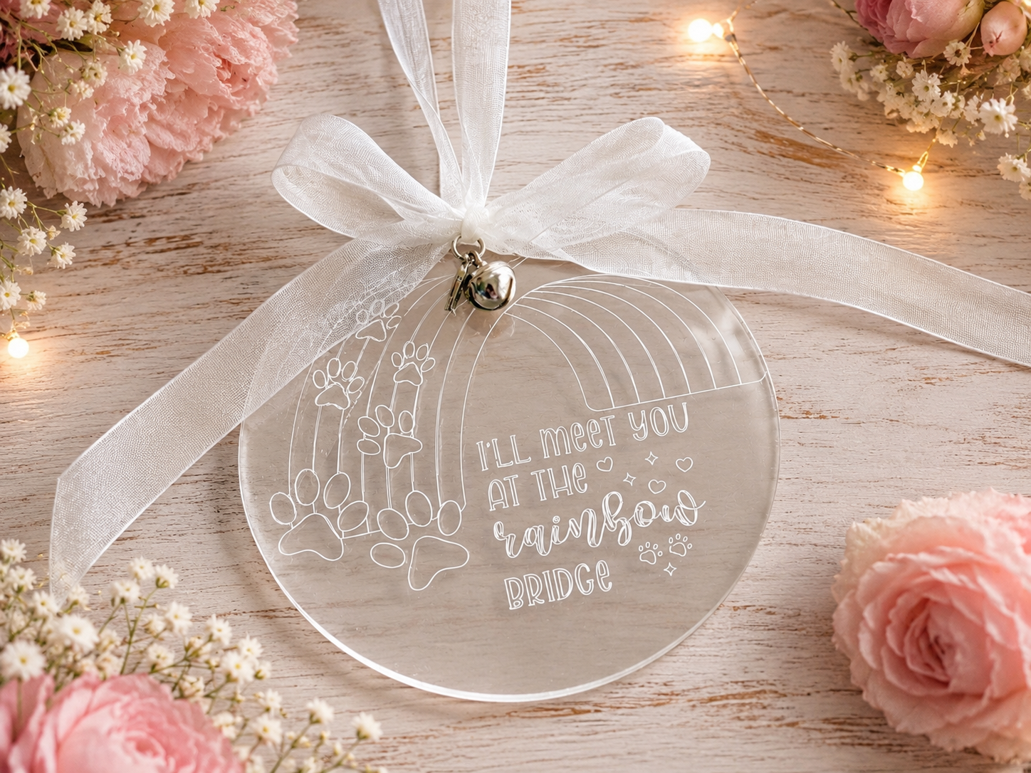 A clear acrylic round hanging ornament with an engraved rainbow, paw prints, and the phrase 'I'll Meet You At The Rainbow Bridge,' tied with a white ribbon and small bell, displayed on a light wood surface with pink flowers and warm string lights.
