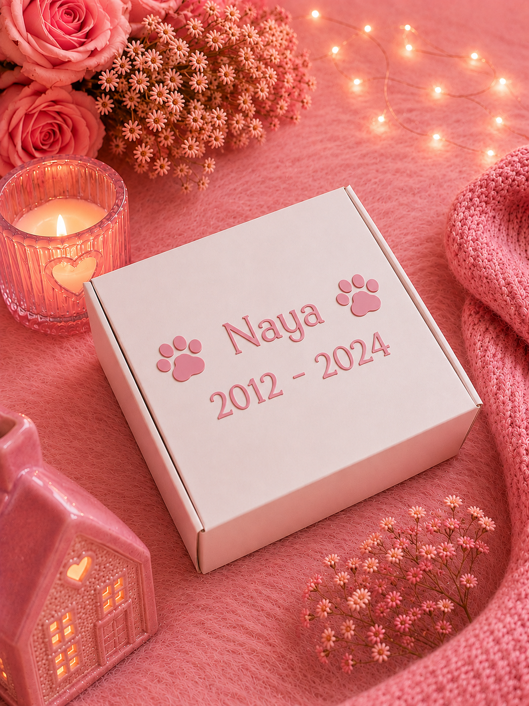 A square white gift box with pink paw prints and the text 'Naya 2012 - 2024' on top, styled on a pink fabric surface with pink roses, dried flowers, a lit candle, fairy lights, and a pink knit blanket.