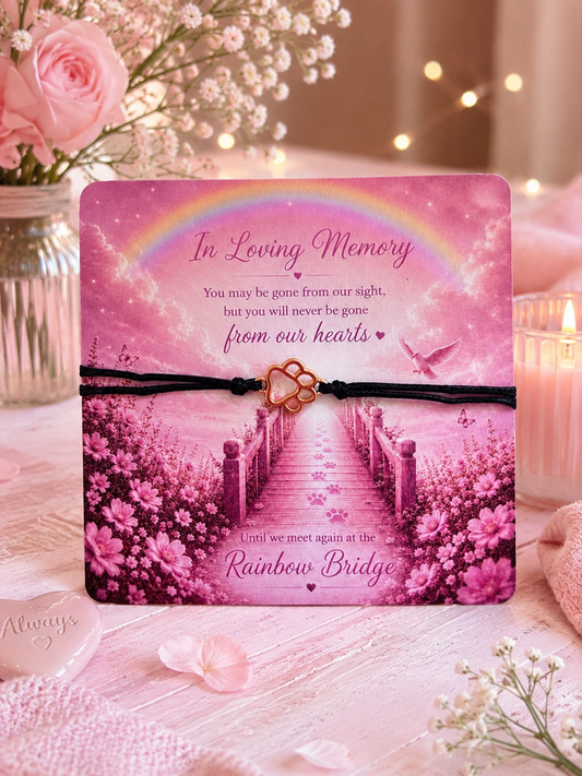 A pink memorial bracelet with a paw print charm resting on a decorative card that reads 'In Loving Memory' and shows a pink floral pathway under a rainbow. The card is styled with pink roses, baby's breath, and a lit candle in a warm, soft setting.