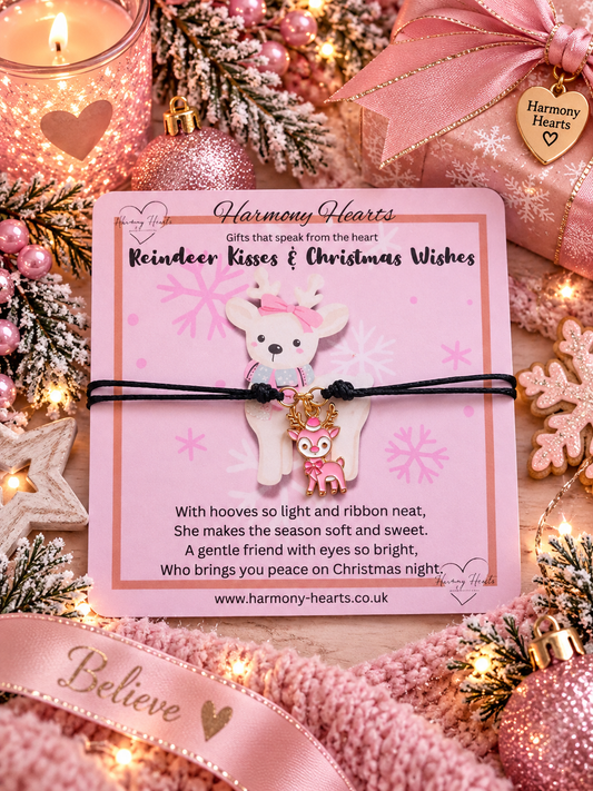 A Christmas-themed gift card from Harmony Hearts featuring a white reindeer charm bracelet with a pink bow. The card reads 'Reindeer Kisses & Christmas Wishes' and is surrounded by festive decorations including a lit candle, pink ornaments, a knitted scarf, and a pink gift box.