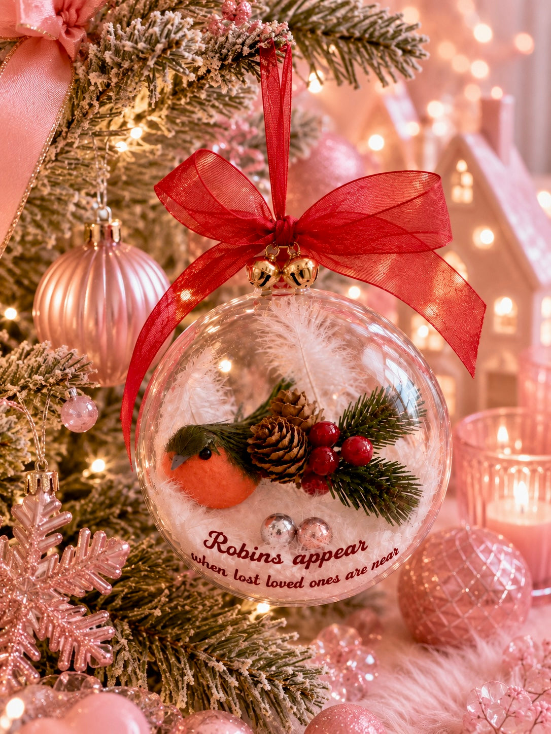 A clear round Christmas ornament hanging on a decorated tree, featuring a red ribbon, a small robin figurine, pinecones, evergreen branches, and white feathers. The ornament has the words 'Robins appear when lost loved ones are near' printed on it and is surrounded by warm holiday lights and pink ornaments.