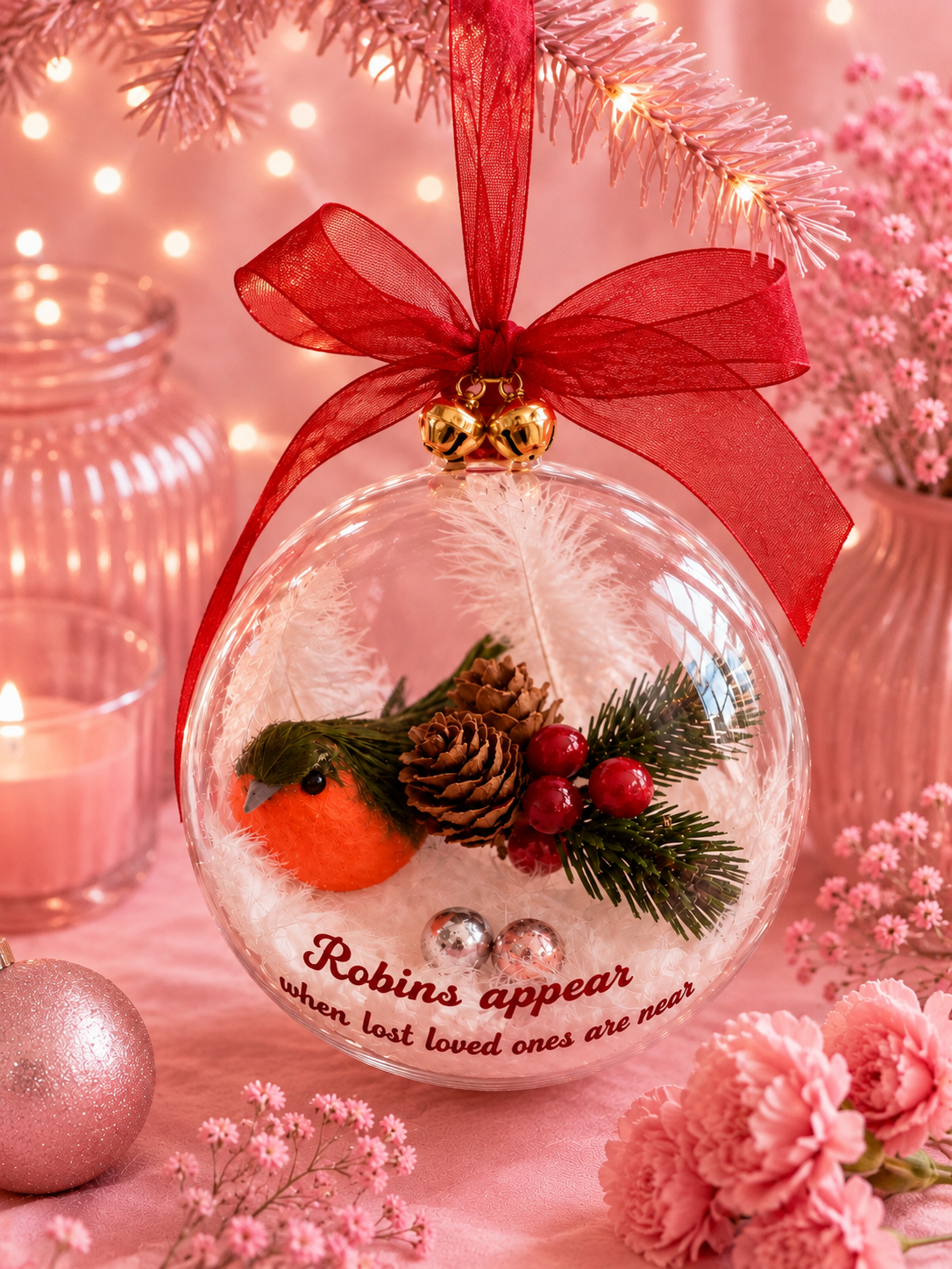A clear round Christmas ornament hanging from a red ribbon, decorated with a small robin, pinecone, greenery, and red berries. The ornament has the words 'Robins appear when lost loved ones are near' printed on it, set against a pink holiday background with lights and flowers.