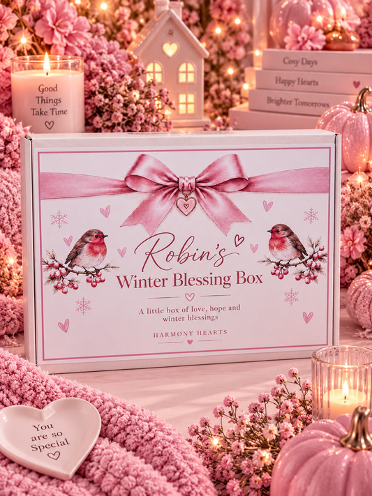 A white gift box labeled 'Robin's Winter Blessing Box' by Harmony Hearts, decorated with pink ribbons, birds, and hearts, displayed in a cozy, pink-themed setting with candles, pumpkins, and flowers.