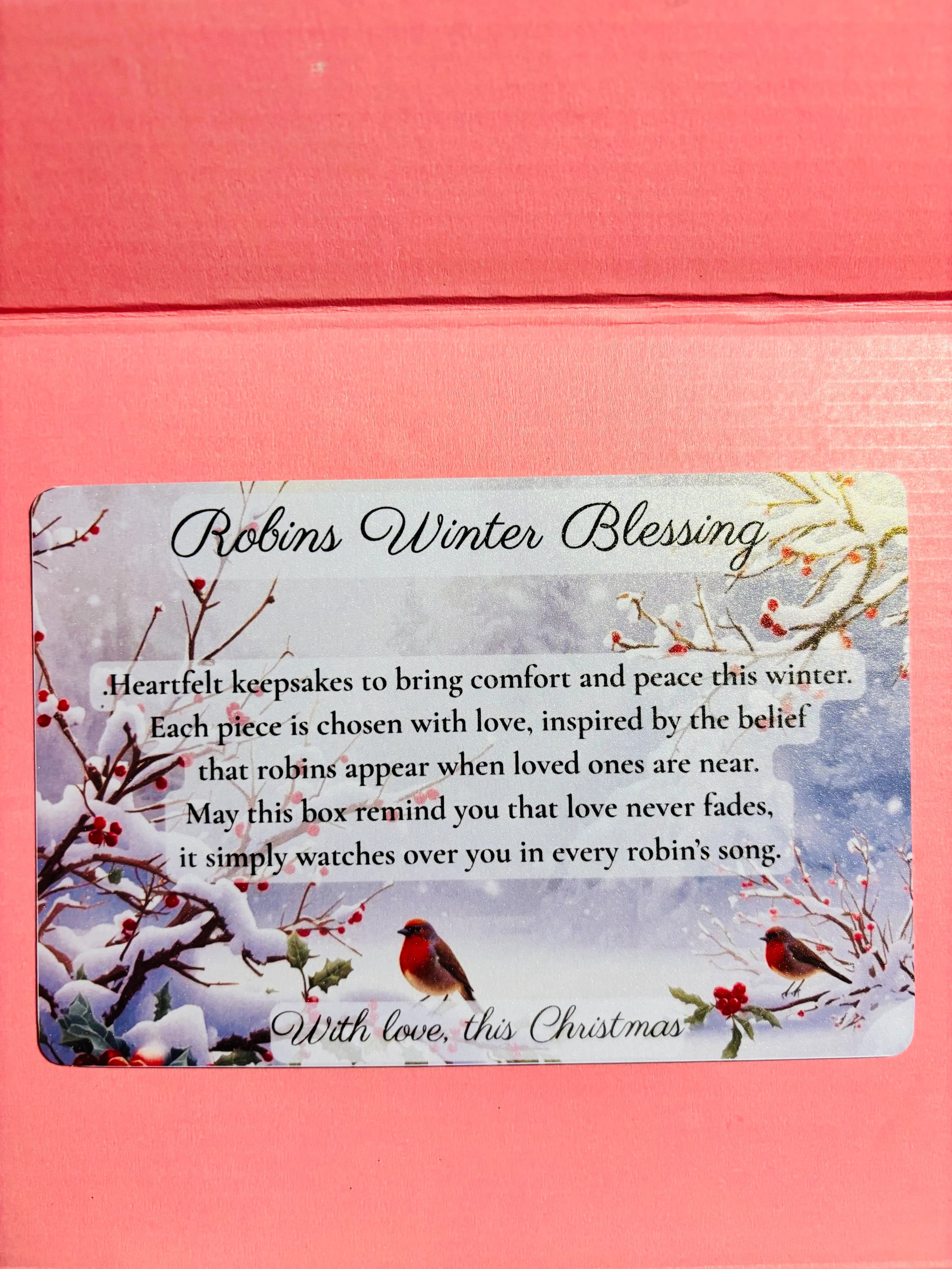 Card with 'Robins Winter Blessing' text on a pink background