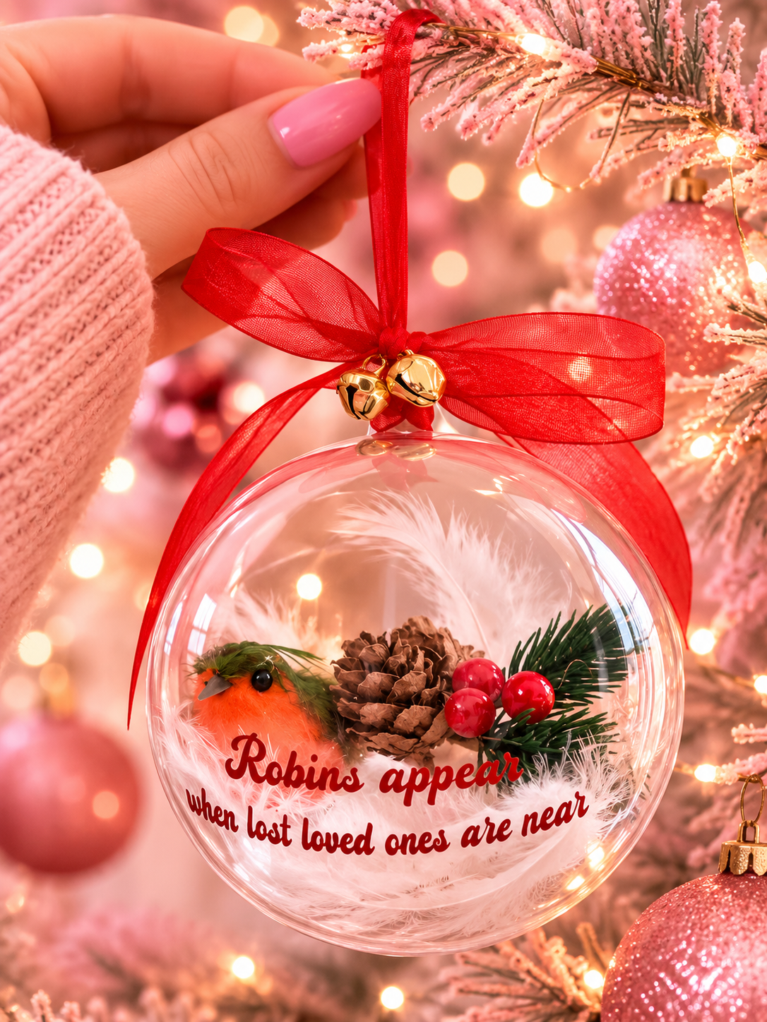 A clear round Christmas ornament hanging from a red ribbon, held by a hand. The ornament contains a small robin, a pinecone, red berries, greenery, and the printed phrase 'Robins appears when lost loved ones are near'.