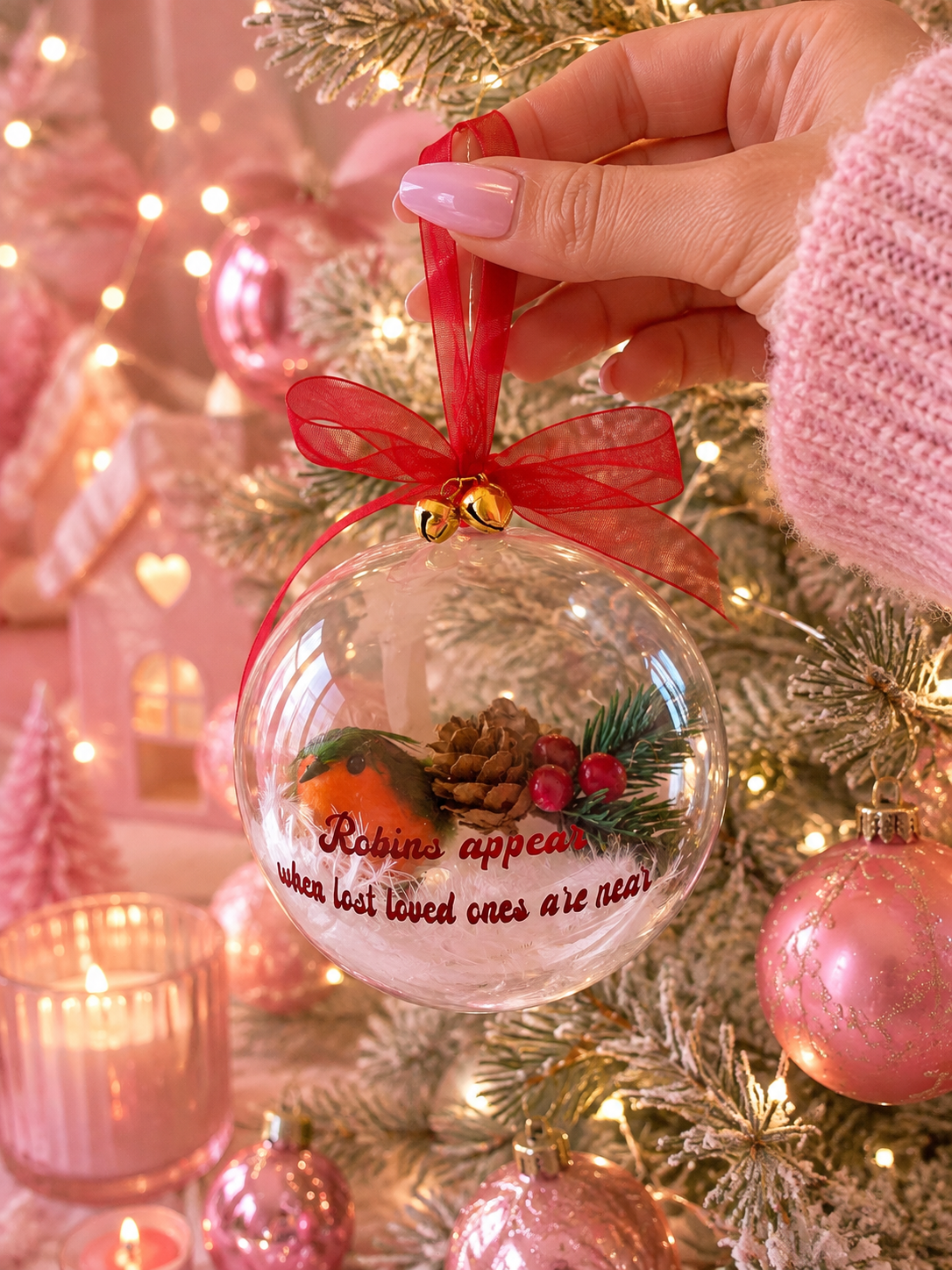 A hand with pink manicured nails holds a clear Christmas ornament decorated with a red ribbon, pinecone, berries, and a small robin figurine. The ornament has the phrase 'Robins appear when lost loved ones are near' written on it.