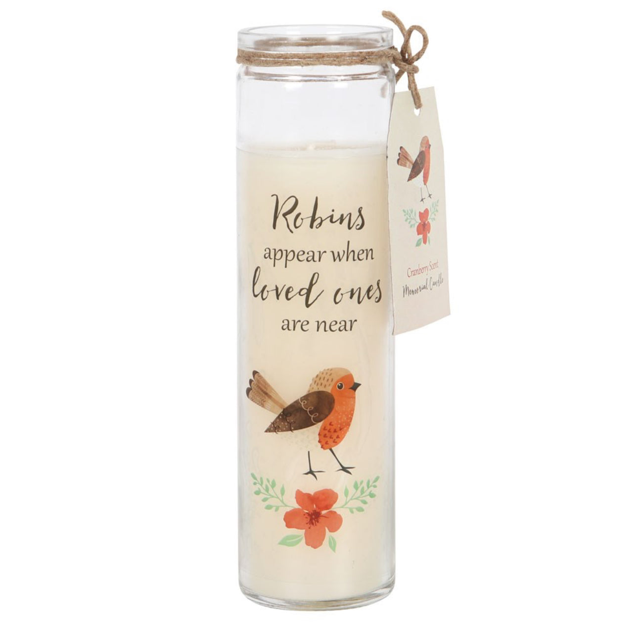 Tall glass tube candle with Robins appear illustration