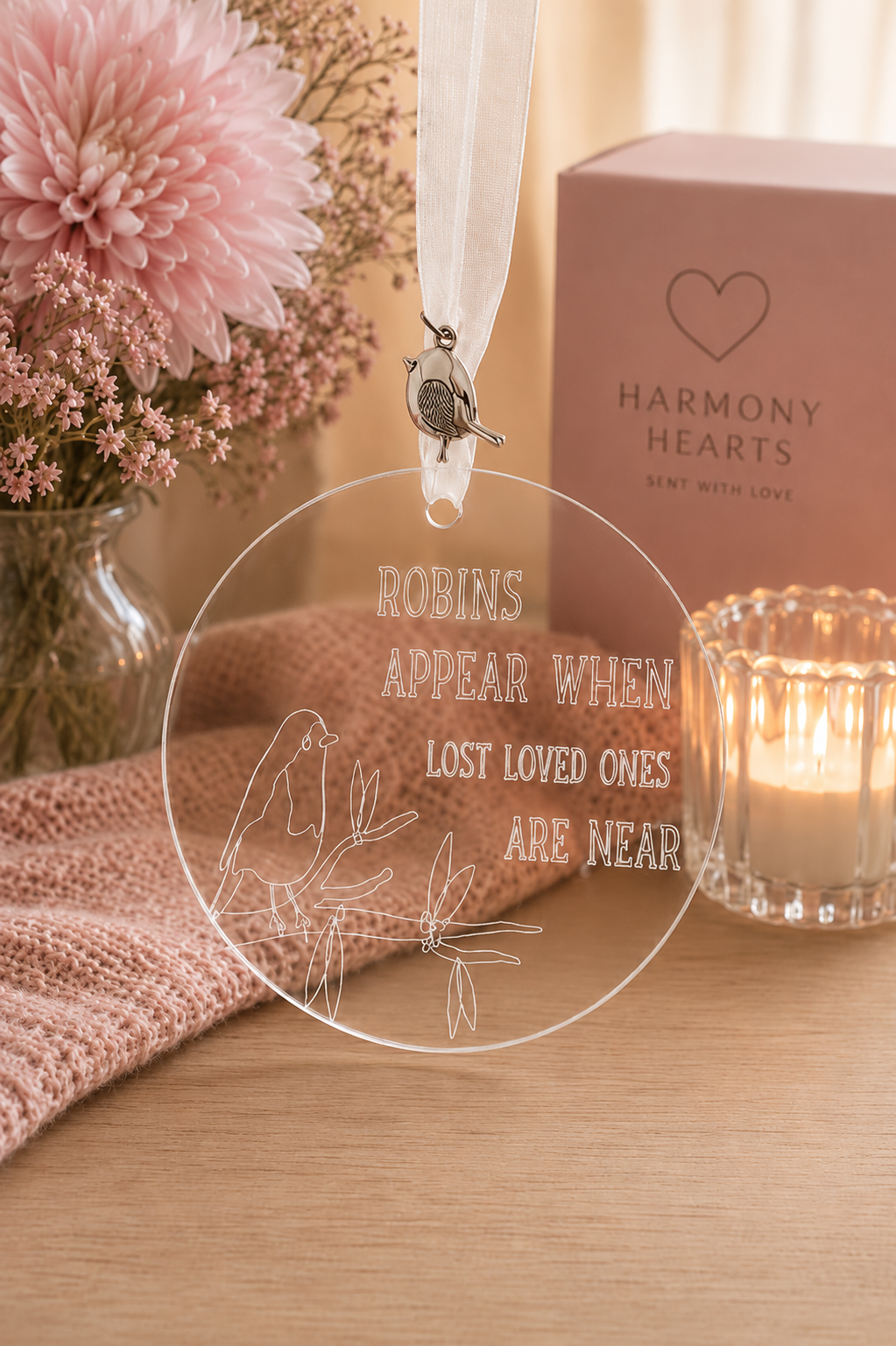 Decorative acrylic ornament with the text Robins appear when lost loved ones are near on a wooden surface with flowers and a box in the background.