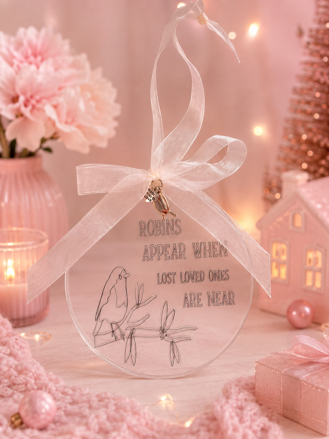 A clear round hanging ornament with a white ribbon bow, featuring engraved bird illustrations and the text 'Robins appear when lost loved ones are near.' The ornament is styled in a soft pink holiday setting with candles, flowers, and a small house in the background.