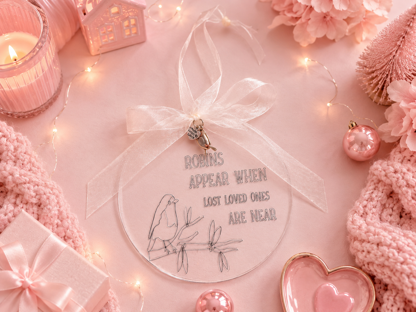 A round clear acrylic hanging ornament with a white ribbon bow, featuring a small bird illustration and the engraved text 'ROBINS APPEAR WHEN LOST LOVED ONES ARE NEAR!'. The ornament is styled in a cozy pink holiday flat-lay with pink knit blankets, a candle, fairy lights, and pink decorative accents.