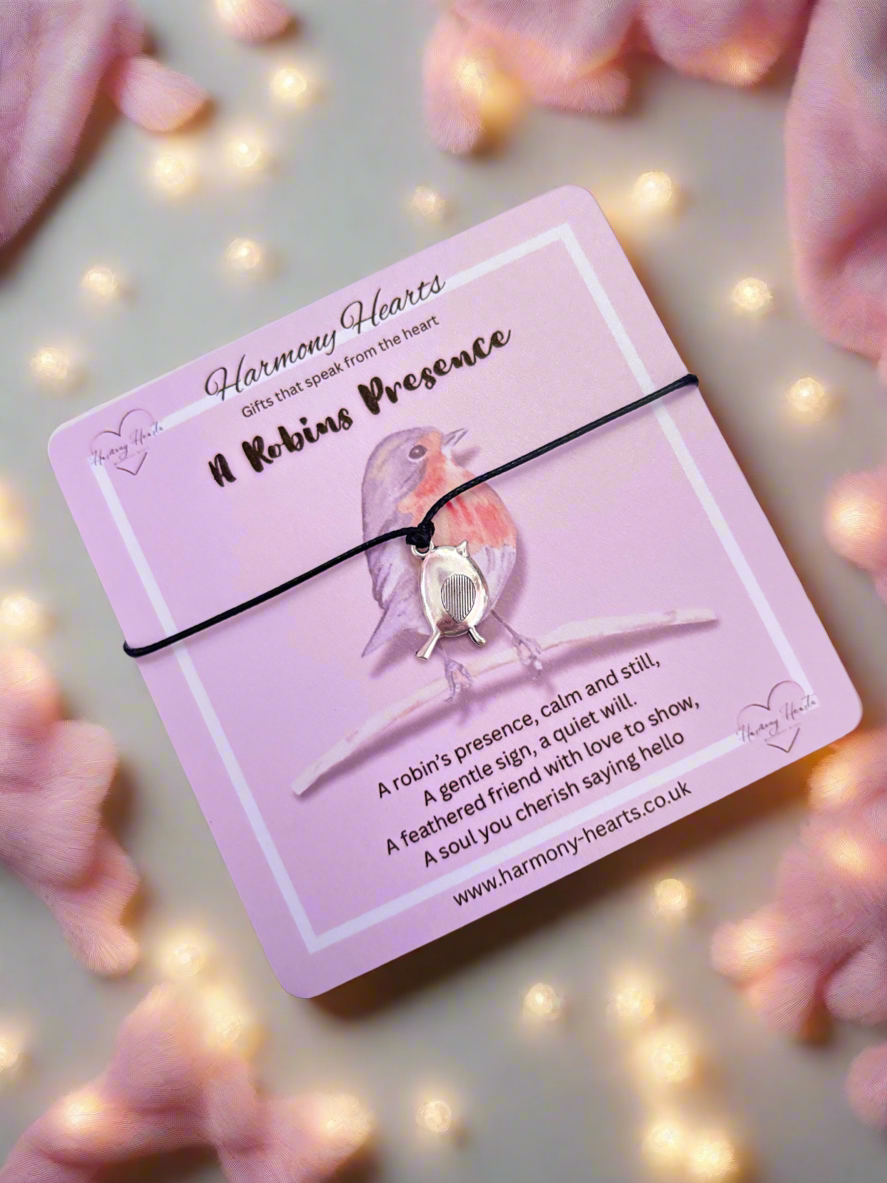 Pink card with a robin charm bracelet and card on a soft pink background