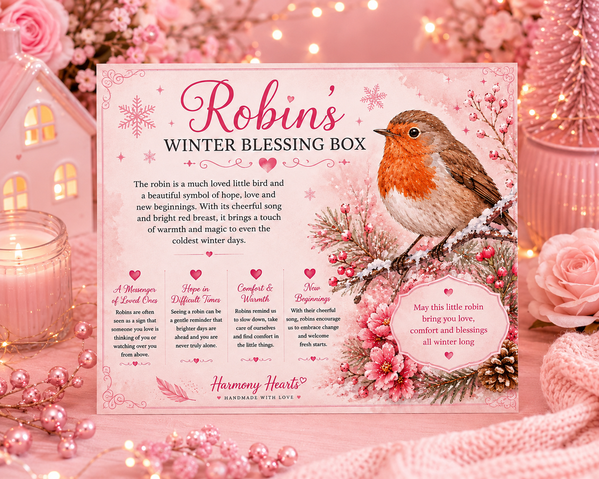 A pink 'Robin's Winter Blessing Box' card or box front displayed in a cozy holiday setting. The design features a robin bird, pink roses, pinecones, and text boxes with winter blessings.