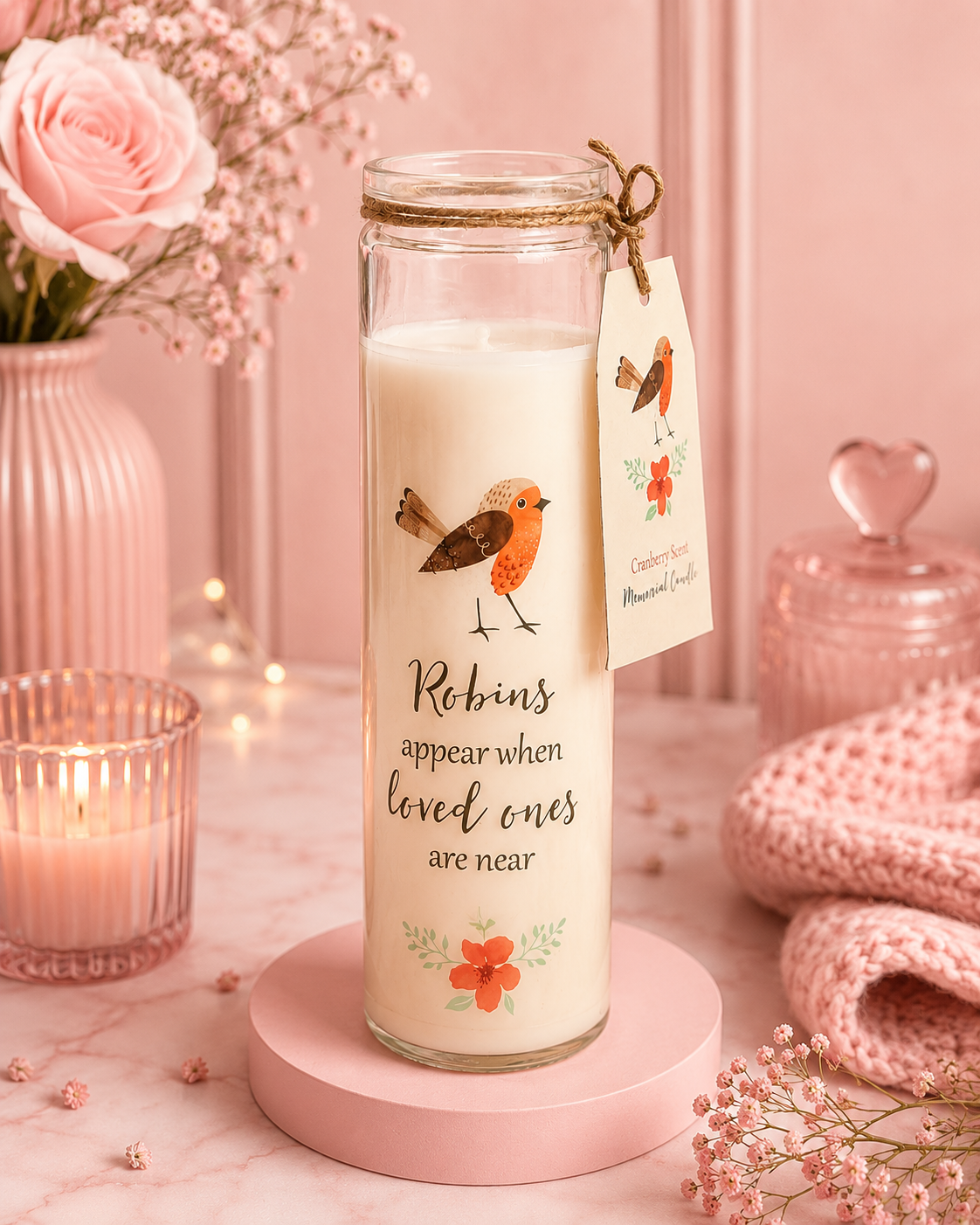 A clear glass jar candle with cream-colored wax sits on a pink round pedestal. The jar has a twine-wrapped neck and a hanging tag with a robin illustration.