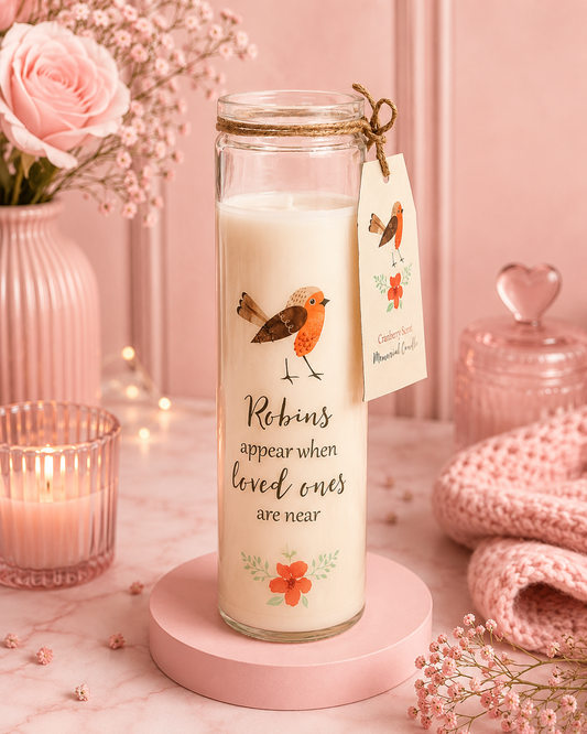 A clear glass jar candle with cream-colored wax sits on a pink round pedestal. The jar has a twine-wrapped neck and a hanging tag with a robin illustration.