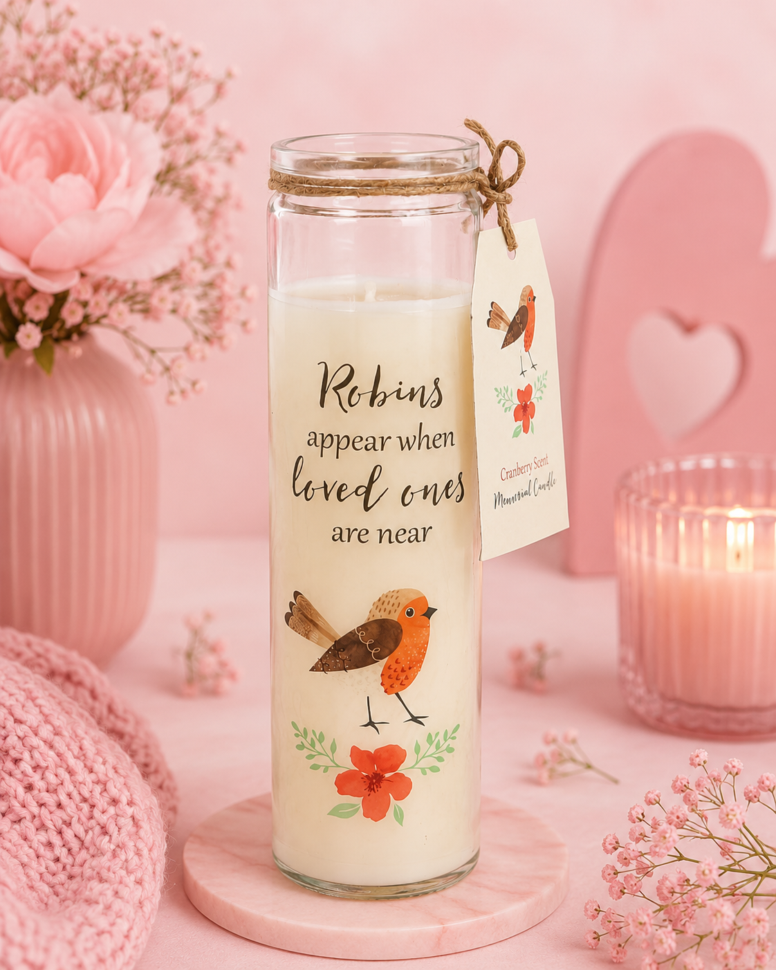 A tall glass jar candle with cream wax sits on a pink marble coaster in a styled setting. The candle features printed text reading 'Robins appear when loved ones are near' with an illustration of a robin bird and orange flowers.