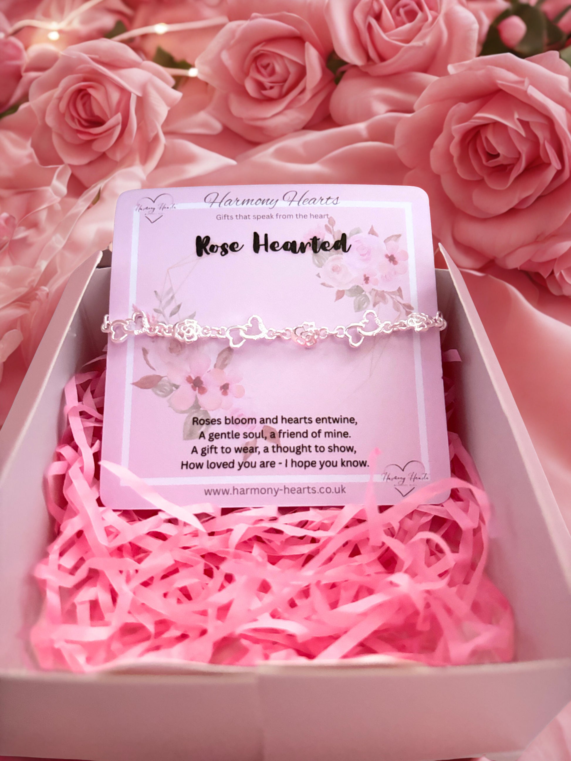 Bracelet in a box with pink roses and 'Harmony Hearts' card