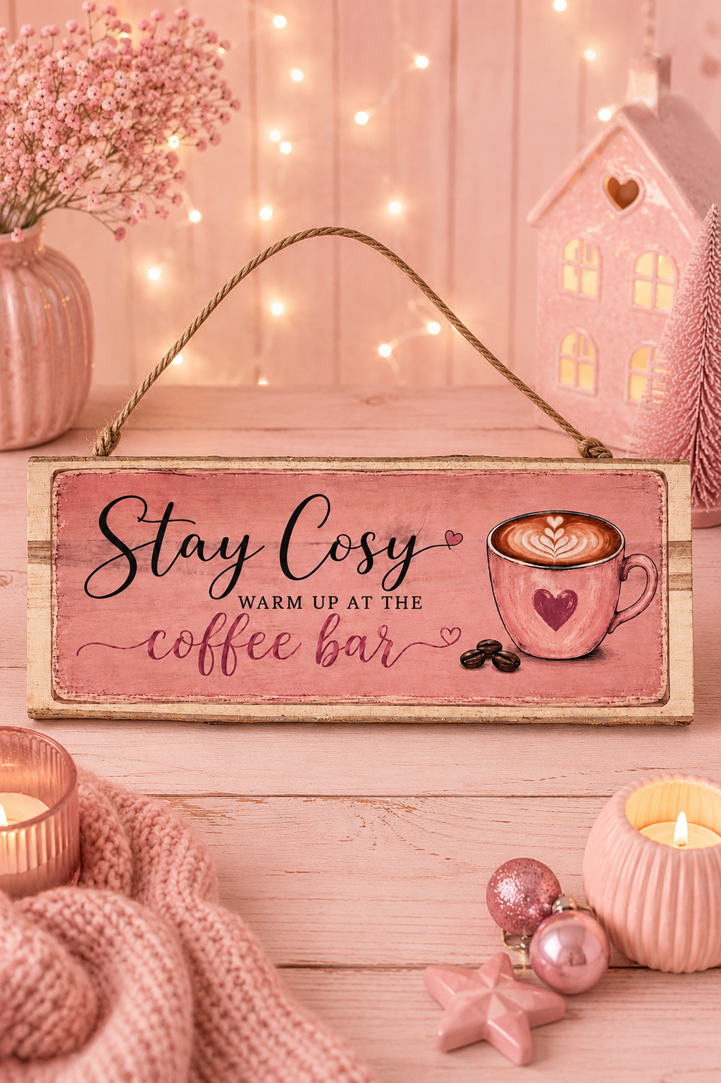Rustic plaque with the words Stay Cosy warm up at the coffee bar styled on a pink setting