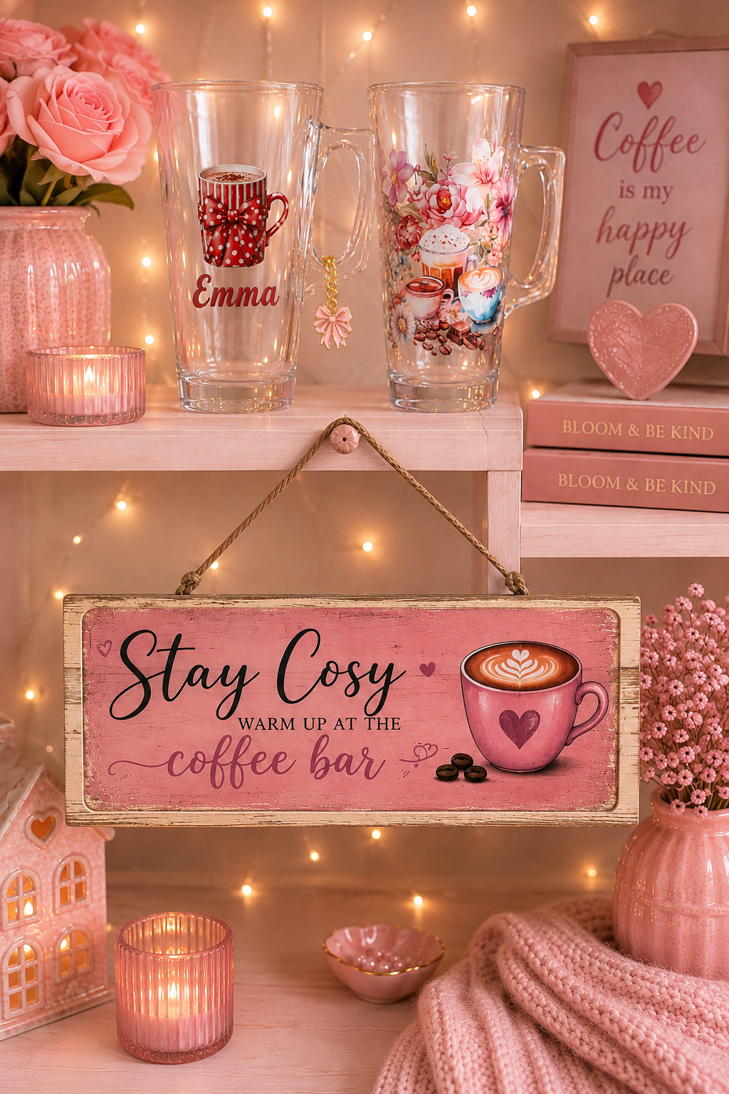 Pink setting with a rustic sign with the words Stay Cosy, warm up at the coffee bar with 2 latte glasses posotioned by it