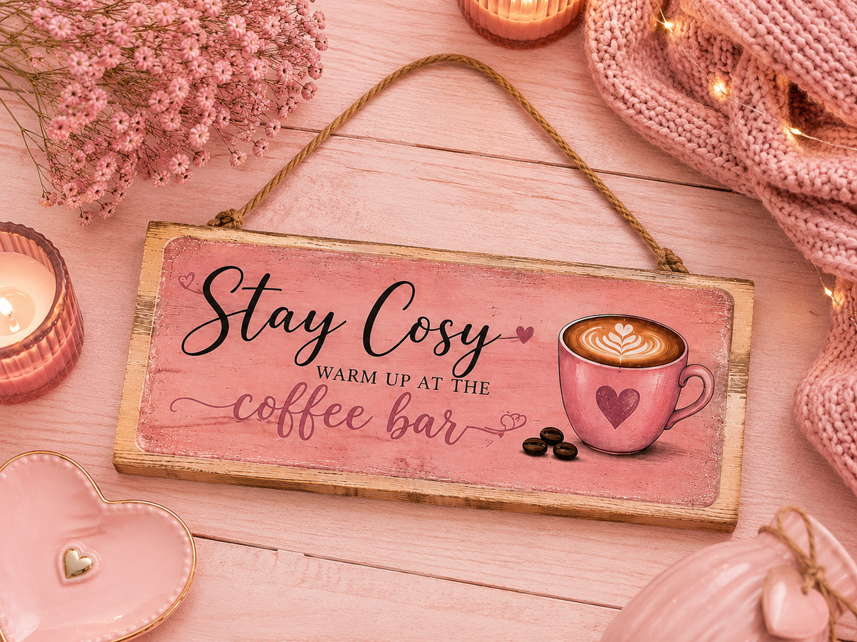 A rectangular wooden hanging sign with a rustic pink face and a rope handle, reading “Stay Cosy Warm Up AT THE coffee bar,” with an illustration of a pink coffee mug and coffee beans. The sign is styled on a pink wood surface with candles, dried flowers, a knit scarf, and a heart dish.