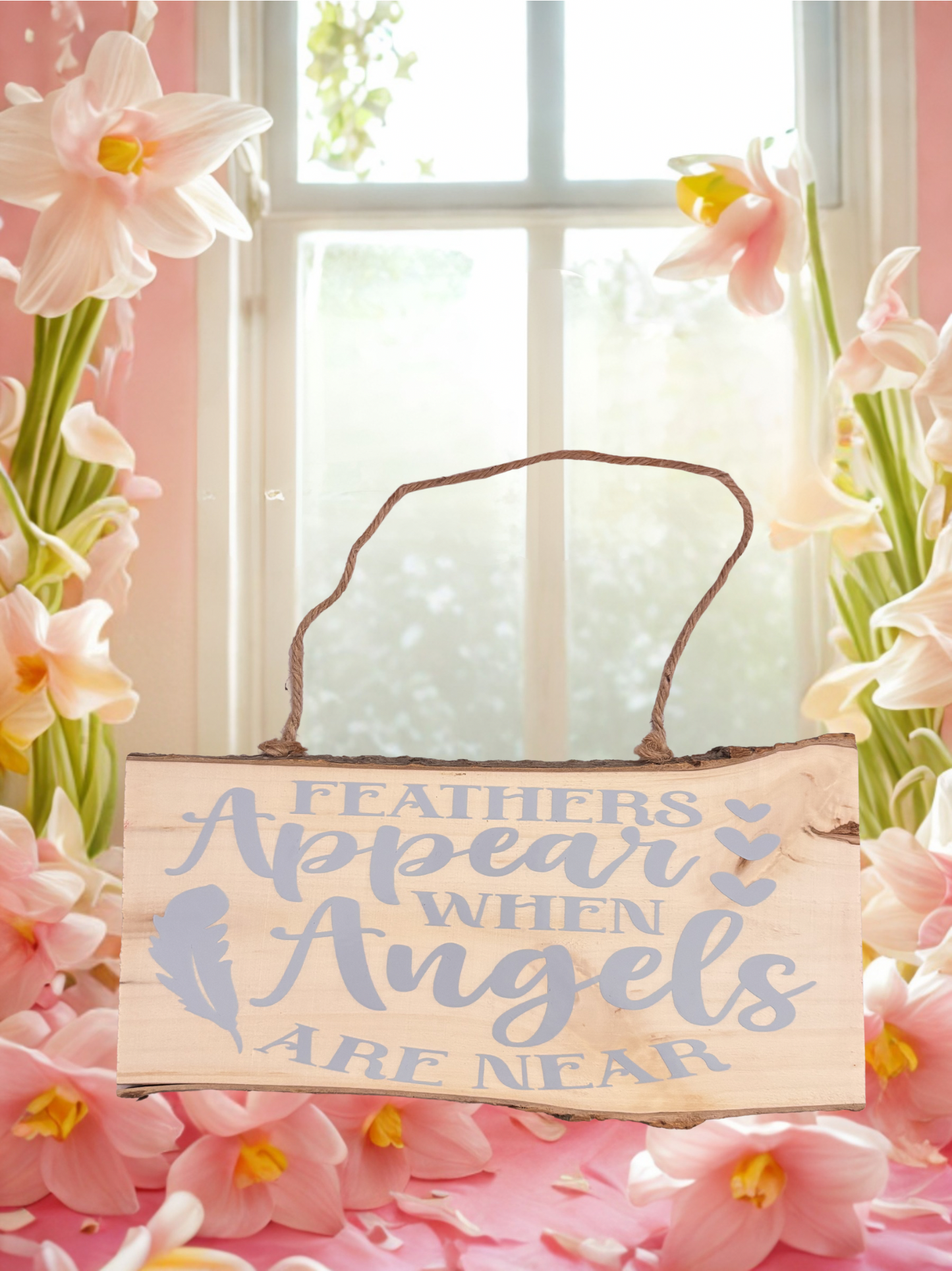 Decorative sign with 'Feathers Appear When Angels Are Near' surrounded by pink flowers.