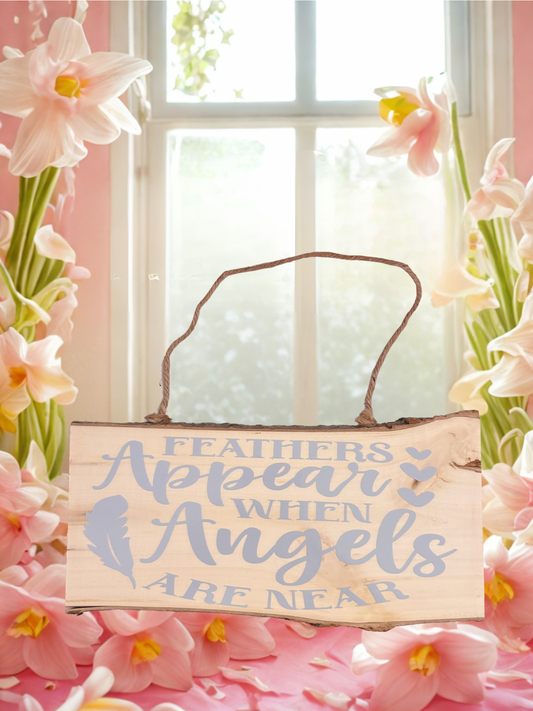 Decorative sign with 'Feathers Appear When Angels Are Near' surrounded by pink flowers.