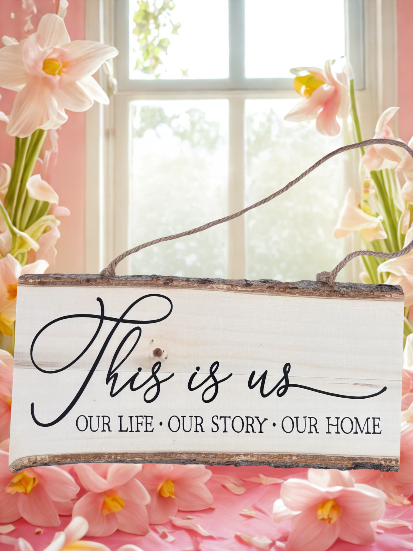 Decorative sign with 'This is us, Our life, Our story, Our home' text surrounded by flowers.