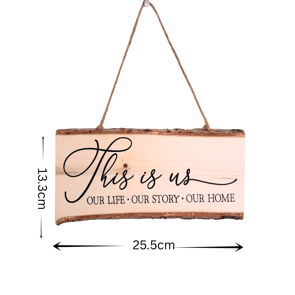 Wooden hanging sign with 'This is us' text and dimensions on a white background