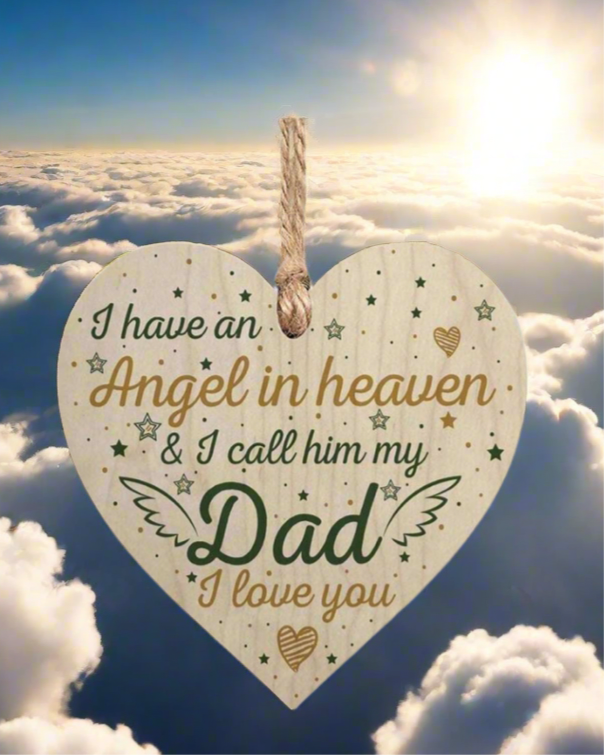 “Angel in Heaven” Heart-Shaped Wooden Hanging Plaque – Dad Memorial Keepsake with Engraved Tribute

