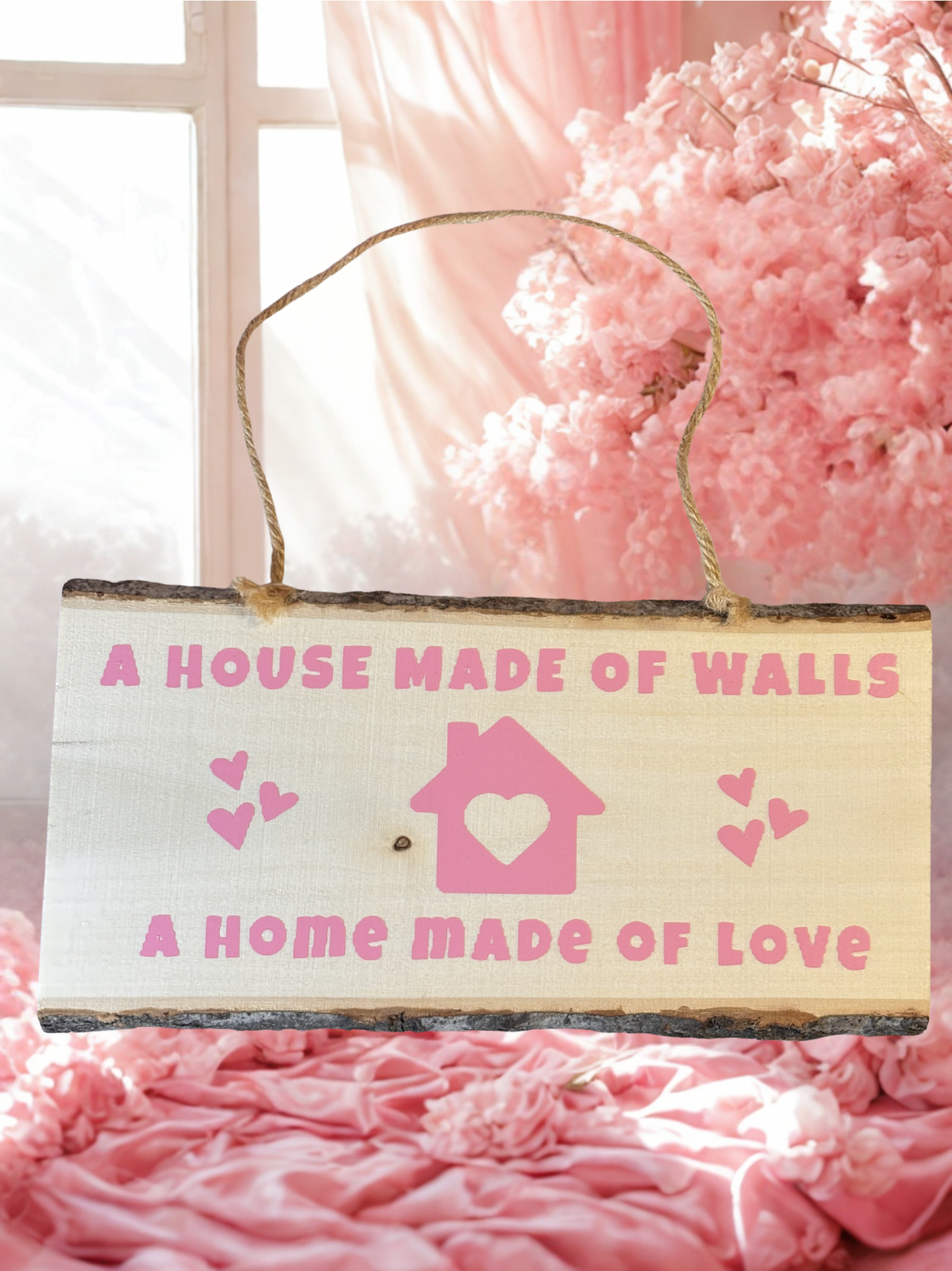 Decorative sign with text 'A house made of walls, a home made of love' on a pink floral background.