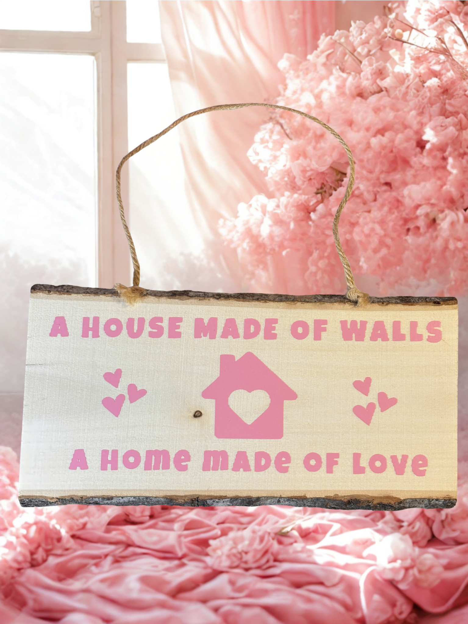 Decorative sign with text 'A house made of walls, a home made of love' on a pink floral background.