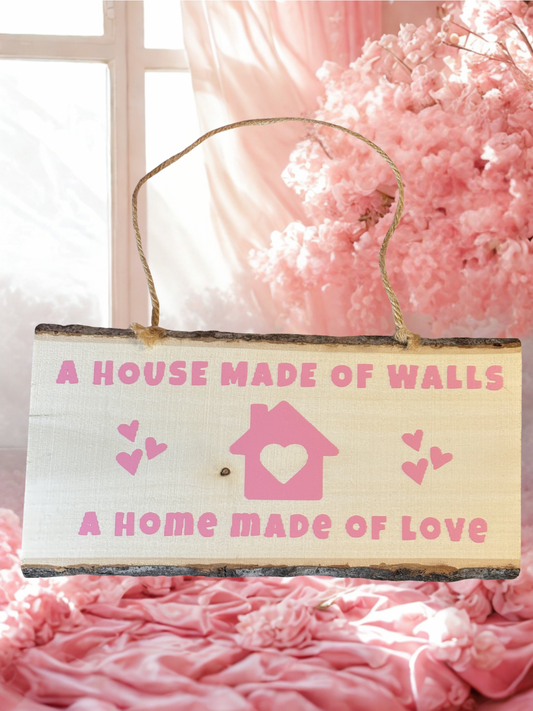 Decorative sign with text 'A house made of walls, a home made of love' on a pink floral background.
